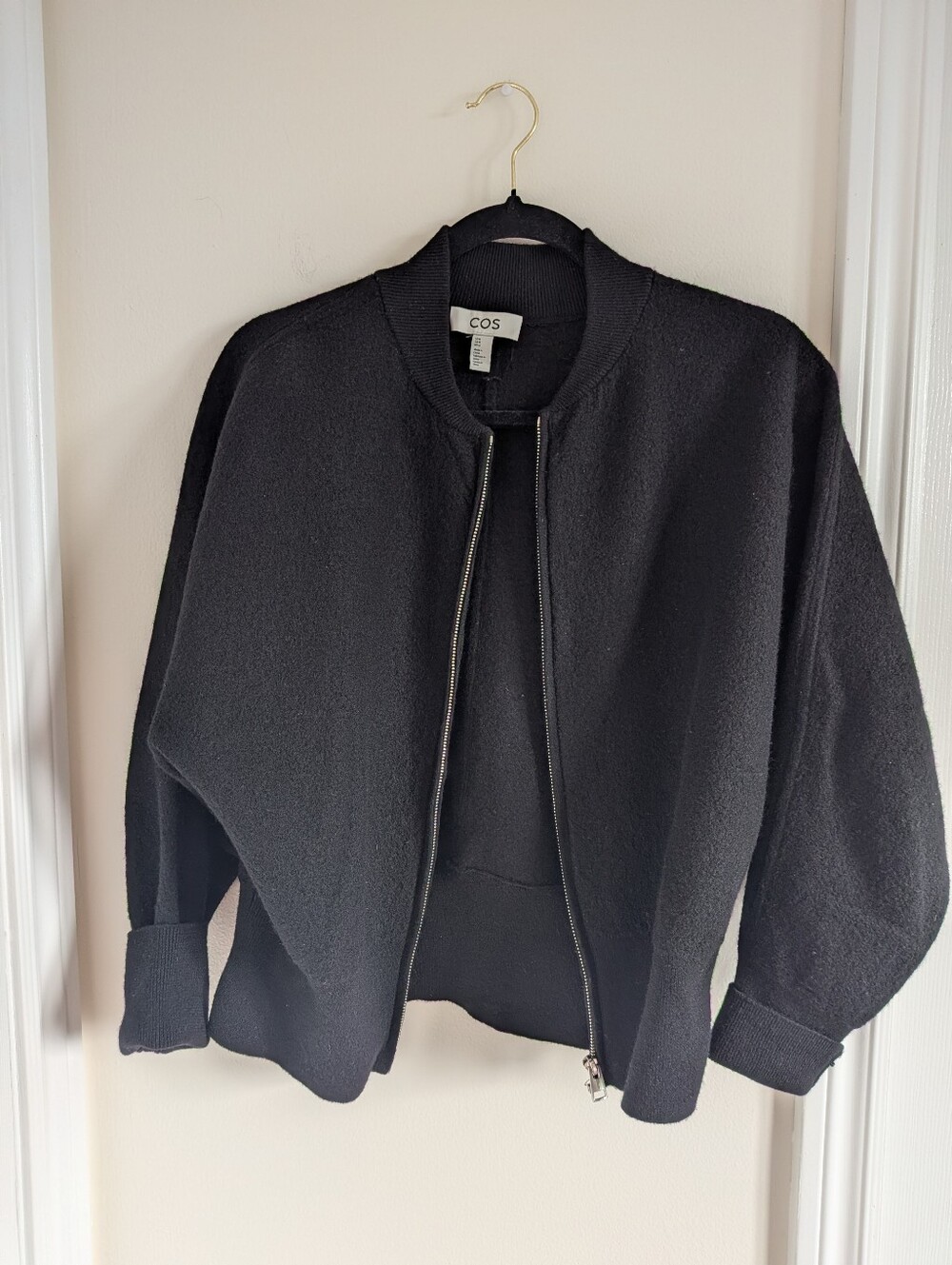 COS Boiled Wool Zip-Up Bomber Jacket Black - Size M